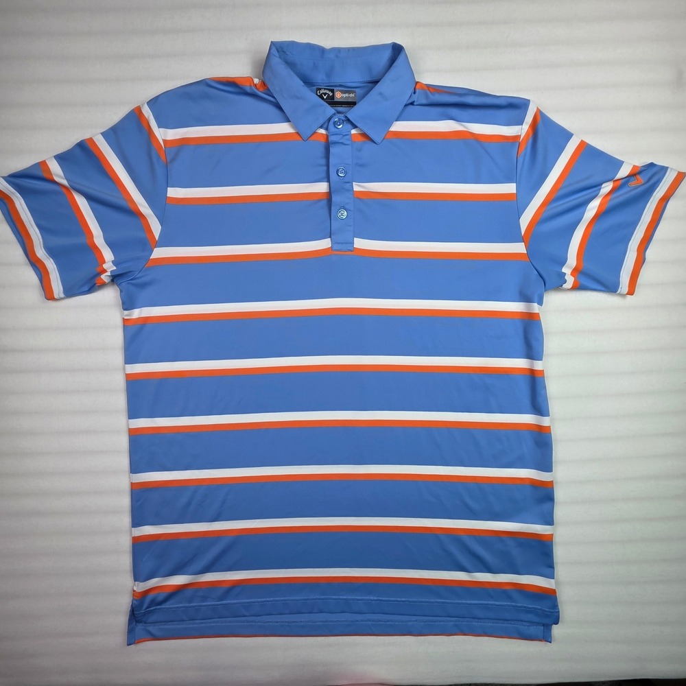 Callaway Opti-Dri Golf Polo Shirt Mens Large Blue Orange Striped Performance